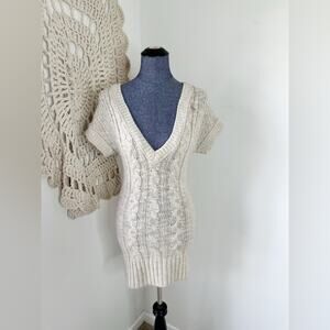 Abercrombie & Fitch Vintage Y2K Long Cream V-Neck Cable Knit Sweater Dress Top